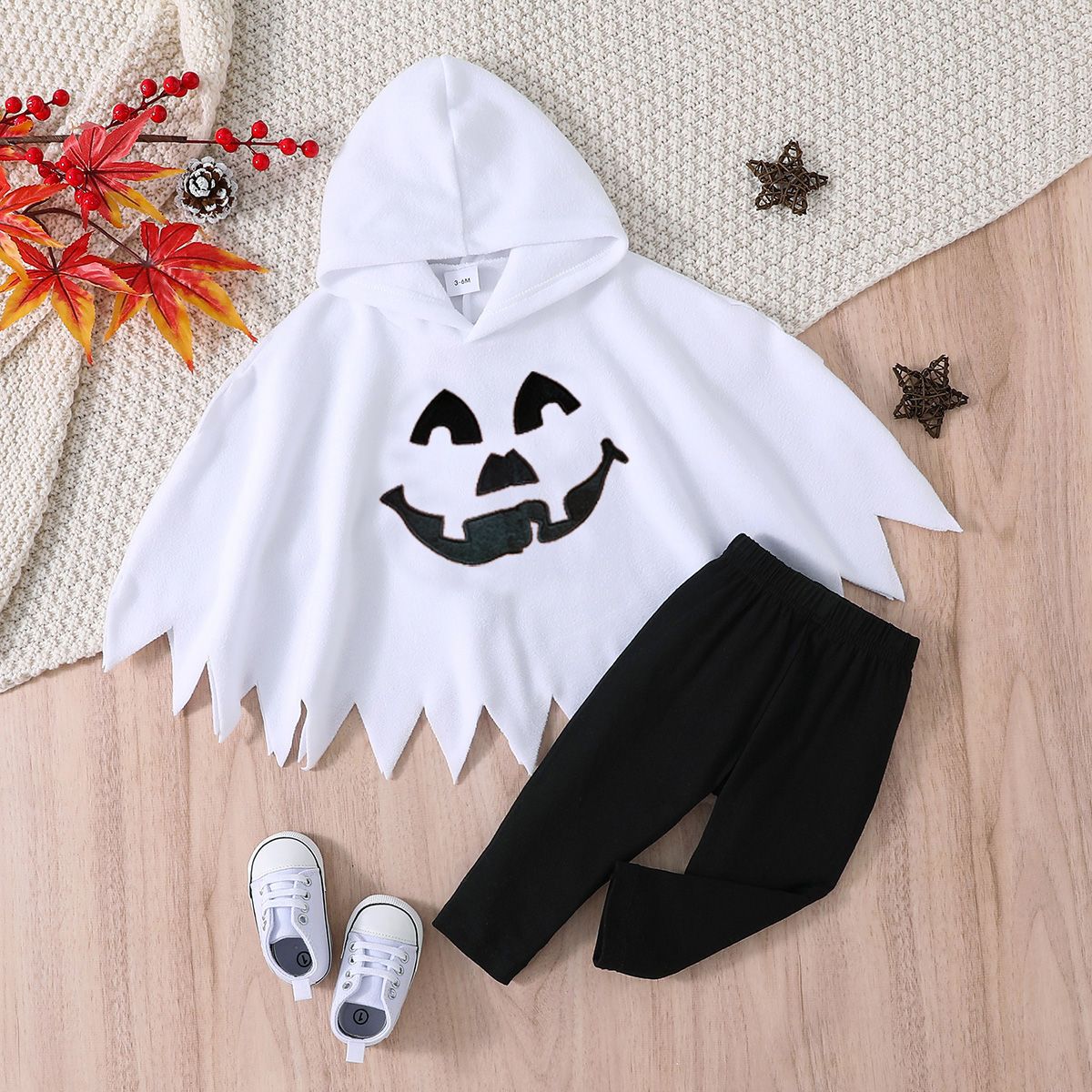 Halloween - themed Kids' Hooded Cape Set with Pumpkin Face Print, Black Leggings and White Sneakers